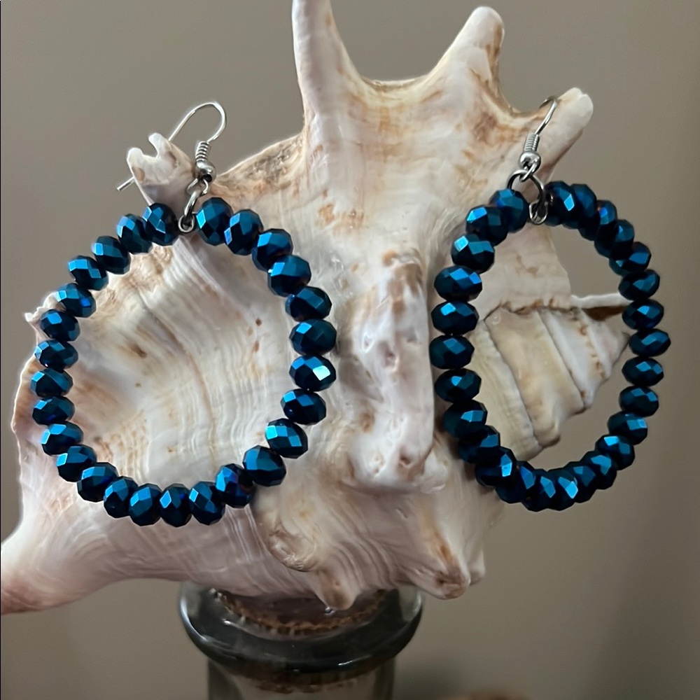 Blue Beaded Hoop Earrings